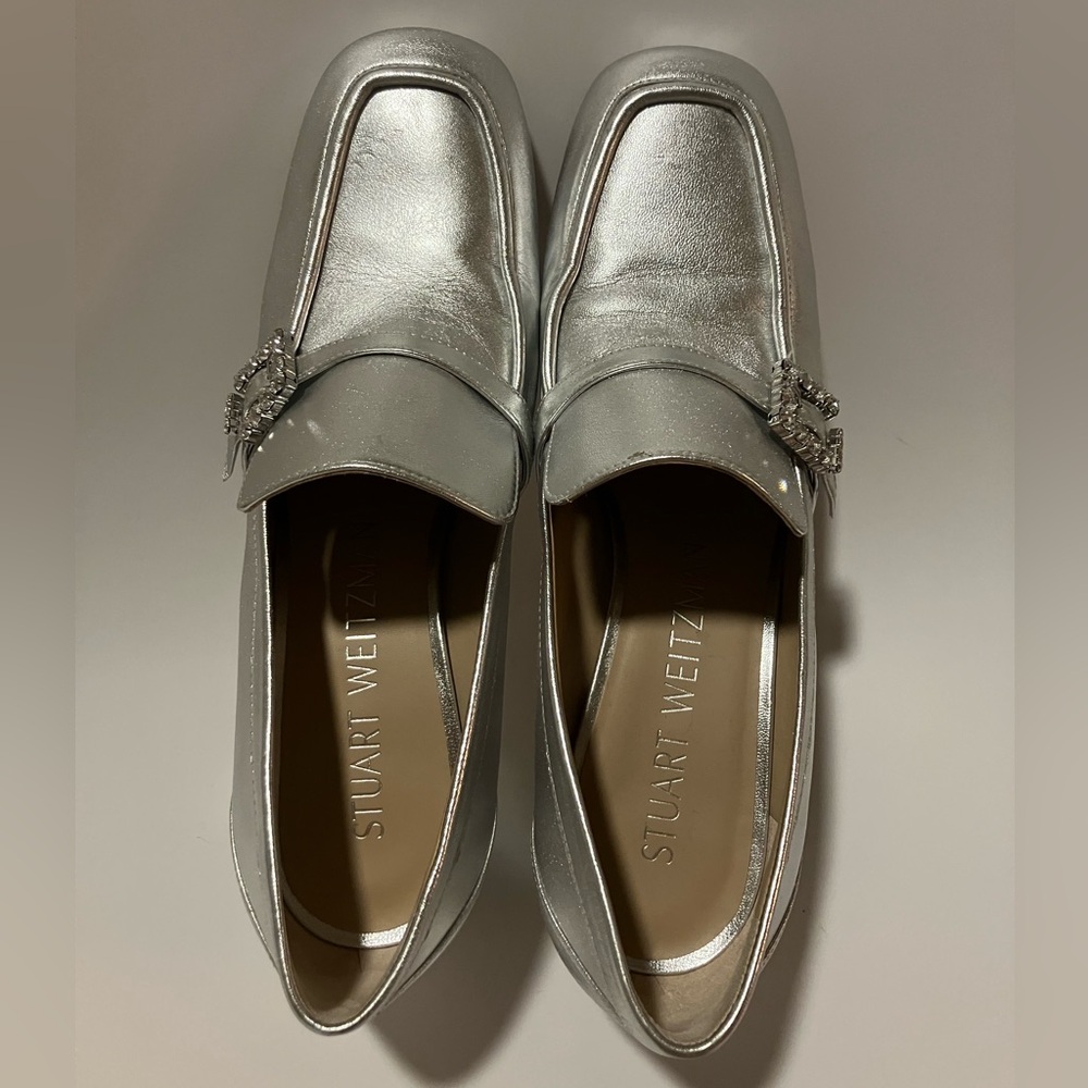Stuart Weitzman Silver geo Loafers heels with Crystal Buckle 10.5 - Picture 3 of 6